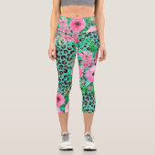 Elegantes Minze Leopard Print und Blumendesign Capri Leggings (Vorderseite)