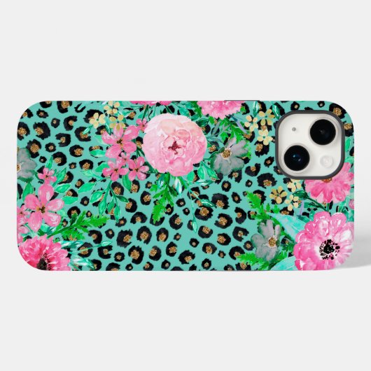 Elegantes Minze Leopard Print und Blumendesign Case-Mate iPhone Hülle (Rückseite (Horizontal))