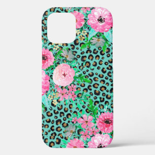 Elegantes Minze Leopard Print und Blumendesign Case-Mate iPhone Hülle