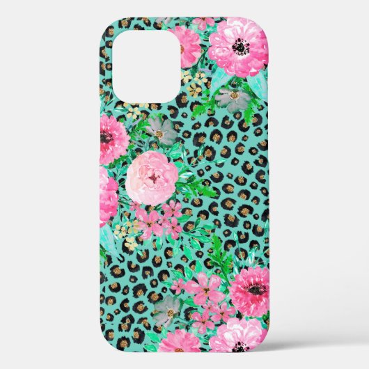 Elegantes Minze Leopard Print und Blumendesign Case-Mate iPhone Hülle (Rückseite)