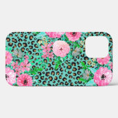 Elegantes Minze Leopard Print und Blumendesign Case-Mate iPhone Hülle (Rückseite (Horizontal))