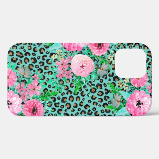 Elegantes Minze Leopard Print und Blumendesign Case-Mate iPhone Hülle (Rückseite (Horizontal))
