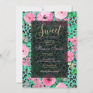 Elegantes Minze Leopard Print und Blumendesign Einladung