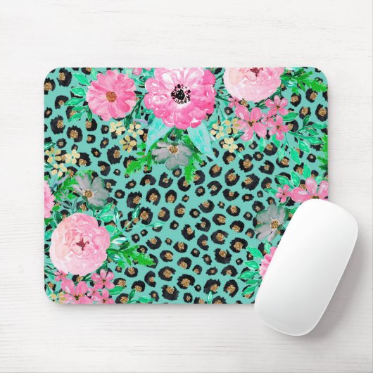 Elegantes Minze Leopard Print und Blumendesign Mousepad (Mit Mouse)