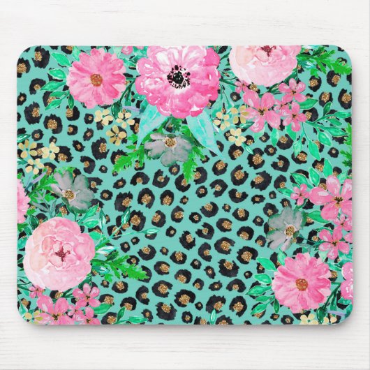 Elegantes Minze Leopard Print und Blumendesign Mousepad (Vorne)