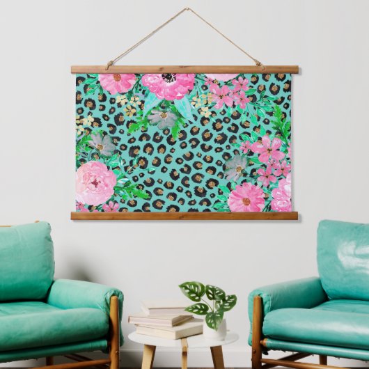 Elegantes Minze Leopard Print und Blumendesign Wandteppich Mit Holzrahmen (Wohnzimmer)