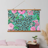 Elegantes Minze Leopard Print und Blumendesign Wandteppich Mit Holzrahmen (Schlafzimmer)