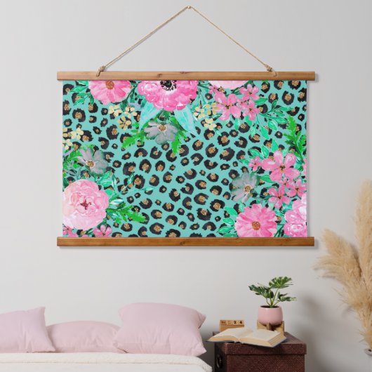 Elegantes Minze Leopard Print und Blumendesign Wandteppich Mit Holzrahmen (Schlafzimmer)