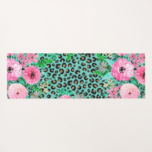 Elegantes Minze Leopard Print und Blumendesign Yogamatte (Rückseite (Horizontal))
