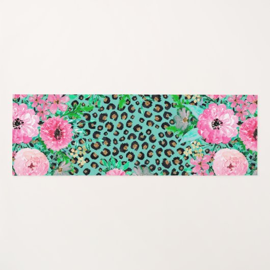 Elegantes Minze Leopard Print und Blumendesign Yogamatte (Vorderseite (Horizontal))