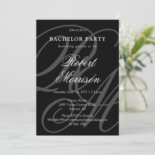 Elegantes Mit Monogramm Bacherlor-Party mit QR-Cod Einladung (Stehend Vorderseite)
