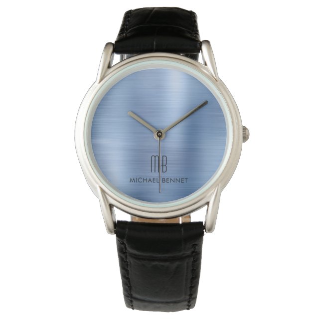Elegantes, Mit Monogramm, blaues Bürstenmetall Armbanduhr (Vorderseite)