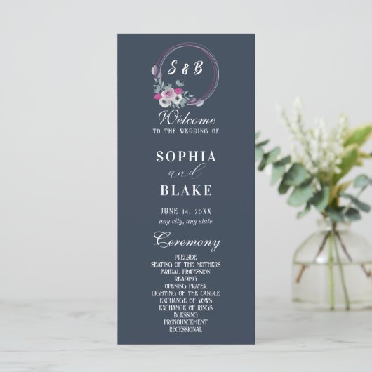Elegantes Mit Monogramm Blue Wedding Programm (Stehend Vorderseite)