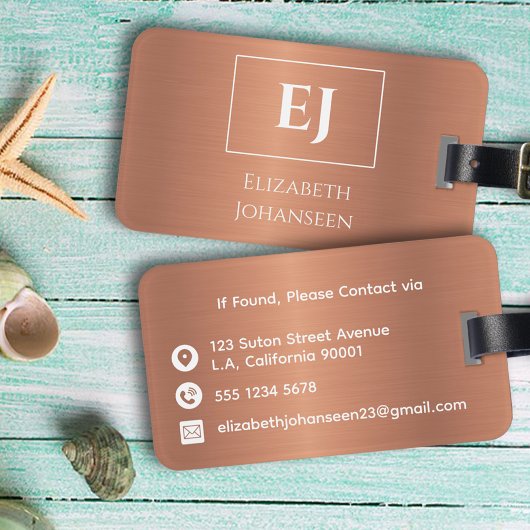 Elegantes, Mit Monogramm, Girly Copper Foil Metal Gepäckanhänger