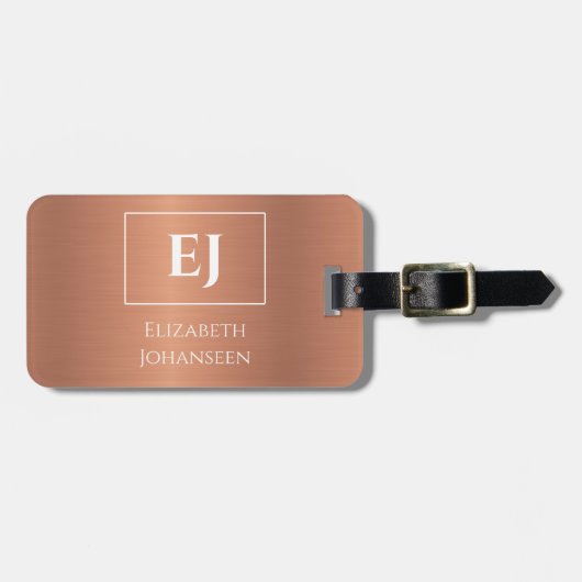 Elegantes, Mit Monogramm, Girly Copper Foil Metal Gepäckanhänger (Vorderseite horizontal)