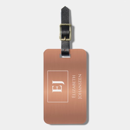 Elegantes, Mit Monogramm, Girly Copper Foil Metal Gepäckanhänger (Vorderseite vertikal)