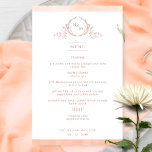Elegantes Mit Monogramm Peach Watercolor Wedding M<br><div class="desc">Herzlich willkommen an Ihrem Tisch mit diesem mit Monogramm Hochzeitsmenü, mit exquisiten handgezeichneten, leafy Monogramm mit Paarinitialen und pfirsichfarbenen Streifen an den Wasserfarben. Zurück mit einer schönen Aquarellwäsche in verschiedenen Pfirsich-, Creme-, Korallen- und staubigen Orangentönen. Teil unserer Kollektion "Peach Watercolor Botanical Monogram Wedding" mit einer Vielzahl von Produkten zur Koordination,...</div>