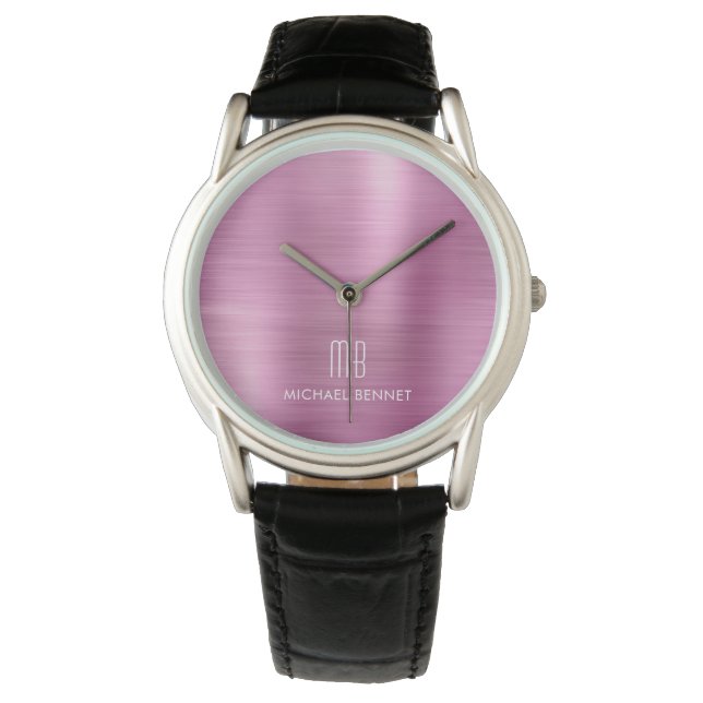 Elegantes Mit Monogramm rosa gebürstetes Metallic Armbanduhr (Vorderseite)
