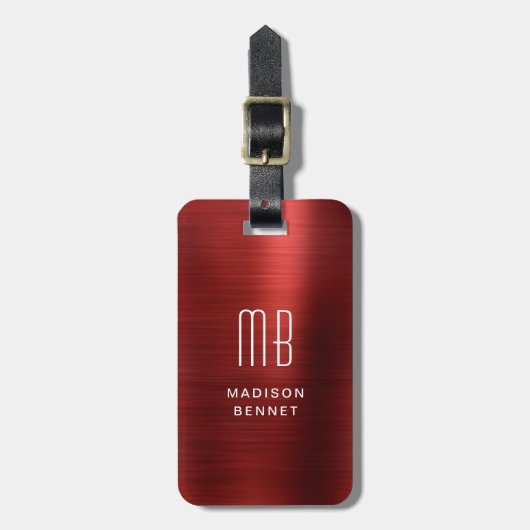 Elegantes Mit Monogramm Rot-Pinselmetallic Gepäckanhänger (Vorderseite vertikal)