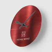 Elegantes Mit Monogramm Rot-Pinselmetallic Runde Wanduhr (Winkel)
