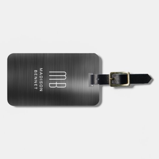 Elegantes Mit Monogramm Schwarz-Bürstenmetall Gepäckanhänger (Vorderseite horizontal)