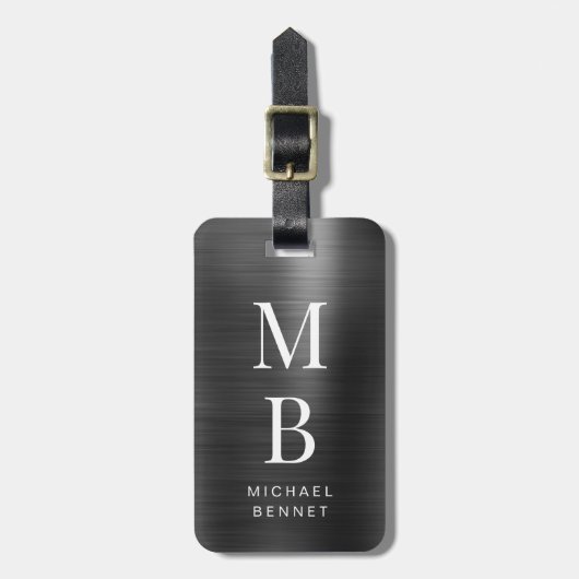 Elegantes Mit Monogramm Schwarz-Bürstenmetall Gepäckanhänger (Vorderseite vertikal)