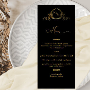 Elegantes Mit Monogramm Schwarz-Gold-Hochzeitsmenü Menükarte