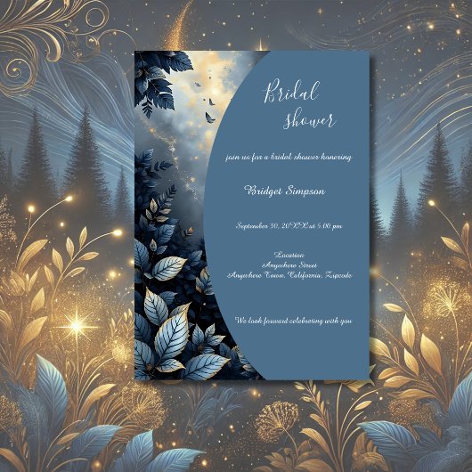 Elegantes Mitternacht Blue & Gold Forest Brautpart Einladung