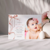 Elegantes Mocha Bow & Rosary Foto Christening Einladung