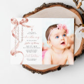 Elegantes Mocha Bow & Rosary Foto Christening Einladung
