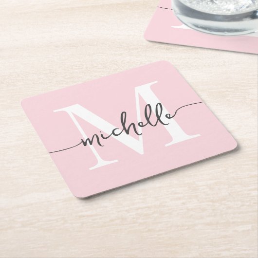 Elegantes Modern Blush Pink Monogram Name Script Rechteckiger Pappuntersetzer (angewinkelt)
