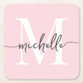 Elegantes Modern Blush Pink Monogram Name Script Rechteckiger Pappuntersetzer (Vorderseite)