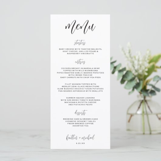 Elegantes Modern Fun Wedding Menu | 4 x 9 | Schwar Menükarte (Stehend Vorderseite)