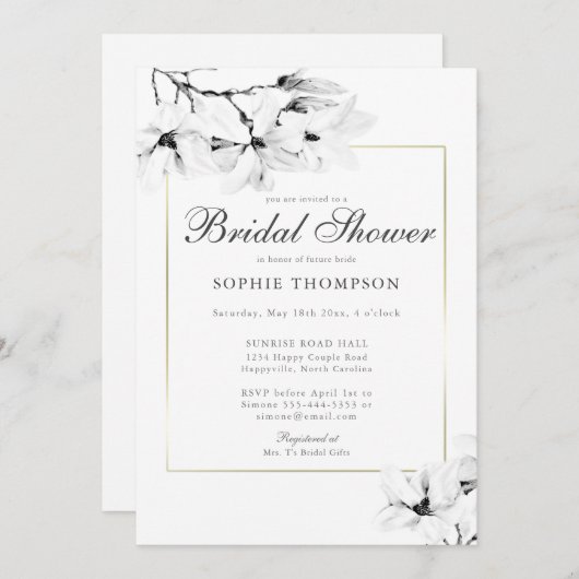 Elegantes Modern Gold Class Magnolia Brautparty Einladung (Vorne/Hinten)