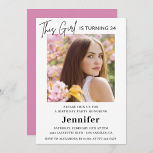 Elegantes Modern Pink Foto 34. Geburtstag Einladung