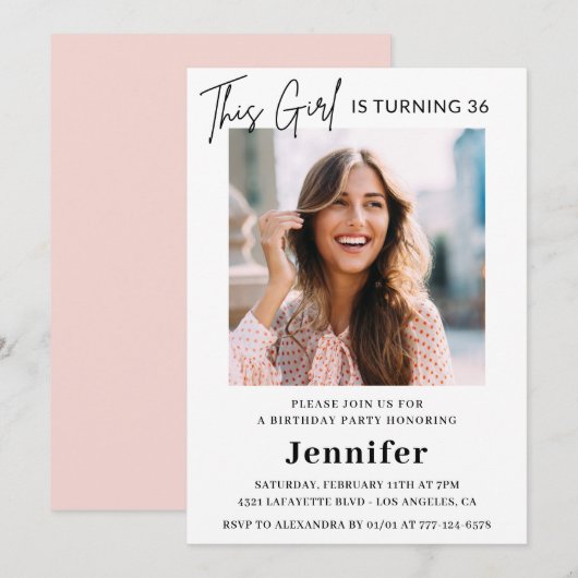 Elegantes Modern Pink Foto 36. Geburtstag Einladung (Vorne/Hinten)