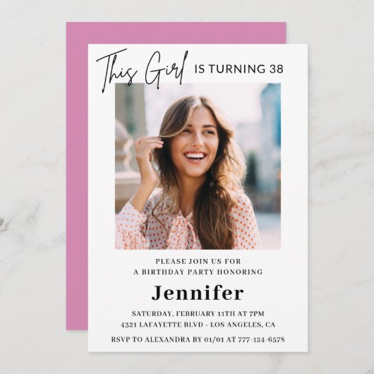 Elegantes Modern Pink Foto 38. Geburtstag Einladung (Vorne/Hinten)