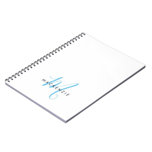 Elegantes Modern White Sky Blue Script Monogram Notizblock (Linke Seite)