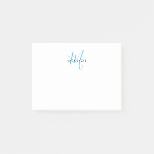 Elegantes Modern White Sky Blue Script Monogram Post-it Klebezettel (Vorderseite)
