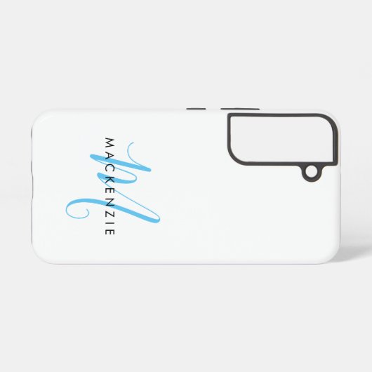 Elegantes Modern White Sky Blue Script Monogram Samsung Galaxy Hülle (Rückseite (Horizontal))