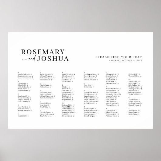 Elegantes modernes Alphabetisches Seating Chart Poster (Vorne)