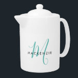 Elegantes, modernes Aquamarines Script Monogram<br><div class="desc">Eleganter,  moderner Aquamariner Script Monogram Teapot. Ein elegantes aquamarines Skriptmonogramm in Verbindung mit einem sauberen schwarzen San-Serif-Schriftart sorgt für ein zeitgemäßes Aussehen.</div>