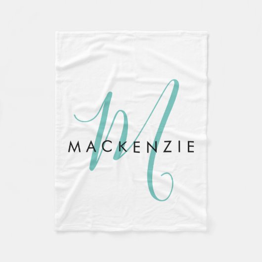 Elegantes, modernes Aquamarines Script Monogram Fleecedecke (Vorderseite)