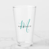 Elegantes, modernes Aquamarines Script Monogram Glas (Vorderseite)