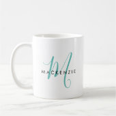 Elegantes, modernes Aquamarines Script Monogram Kaffeetasse (Links)