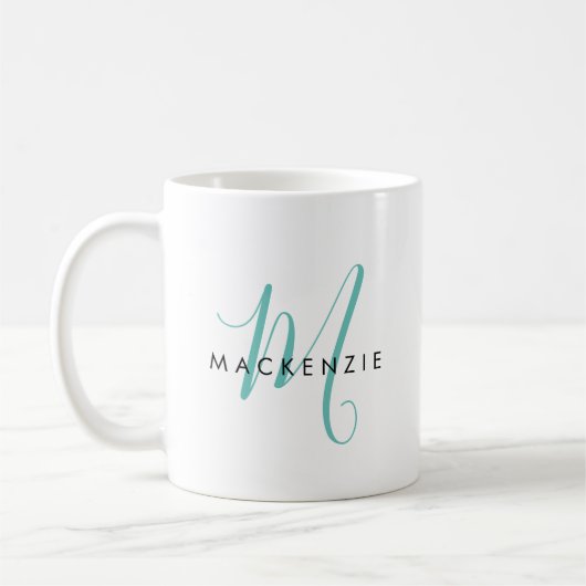 Elegantes, modernes Aquamarines Script Monogram Kaffeetasse (Links)