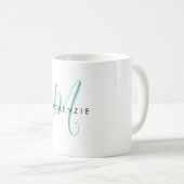 Elegantes, modernes Aquamarines Script Monogram Kaffeetasse (VorderseiteRechts)