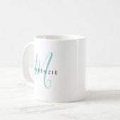 Elegantes, modernes Aquamarines Script Monogram Kaffeetasse (Vorderseite Links)