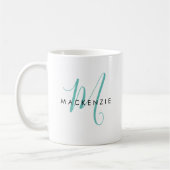 Elegantes, modernes Aquamarines Script Monogram Kaffeetasse (Links)
