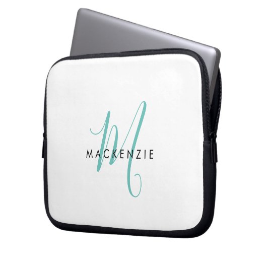 Elegantes, modernes Aquamarines Script Monogram Laptopschutzhülle (Vorderseite Links)